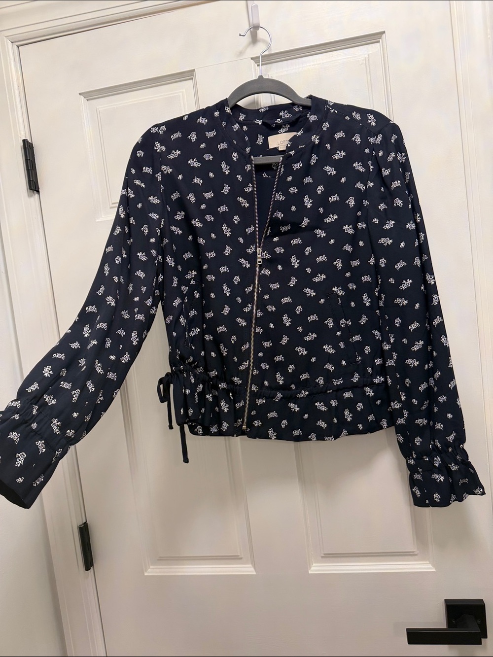 LOFT Navy Floral Zip-Front Bomber Jacket